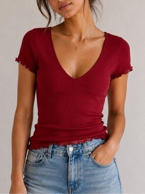 NWT Forever 21 Ribbed V-Neck Lettuce Trim Top - Red (Size S)